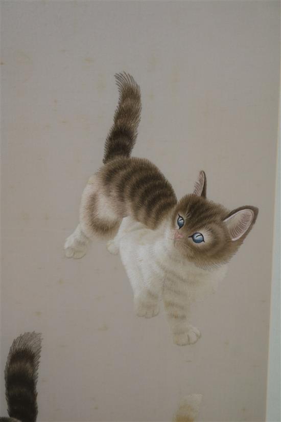 A Chinese embroidered silk picture of kittens and a Berlin needlework panel of children, 91 x 40cm and 48 x 36cm
